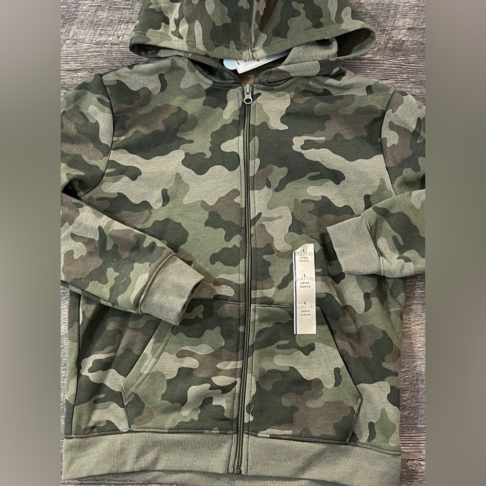 Camo Zip Up Hoodie Sweatshirt Boys 10/12 Green Full Zip Cat & Jack Cozy